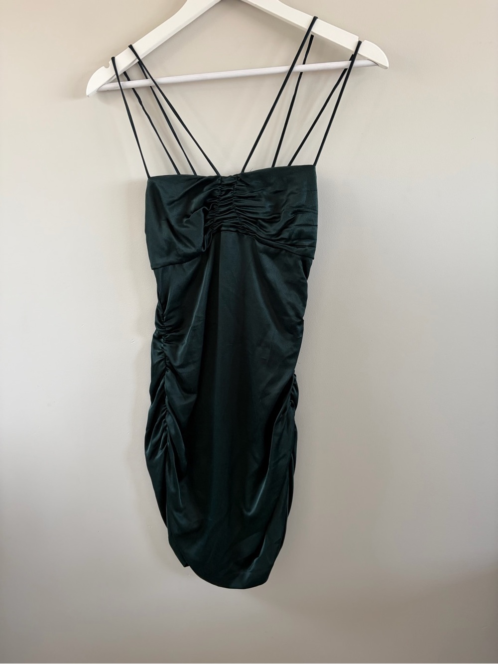 Zara Dark Green Ruched Satin Slip Dress with Spaghetti Straps